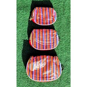 Vintage 1970's Plastic/Vinyl Cosmetic 3-Bag Zipper Multi-Colored Striped Set EUC
